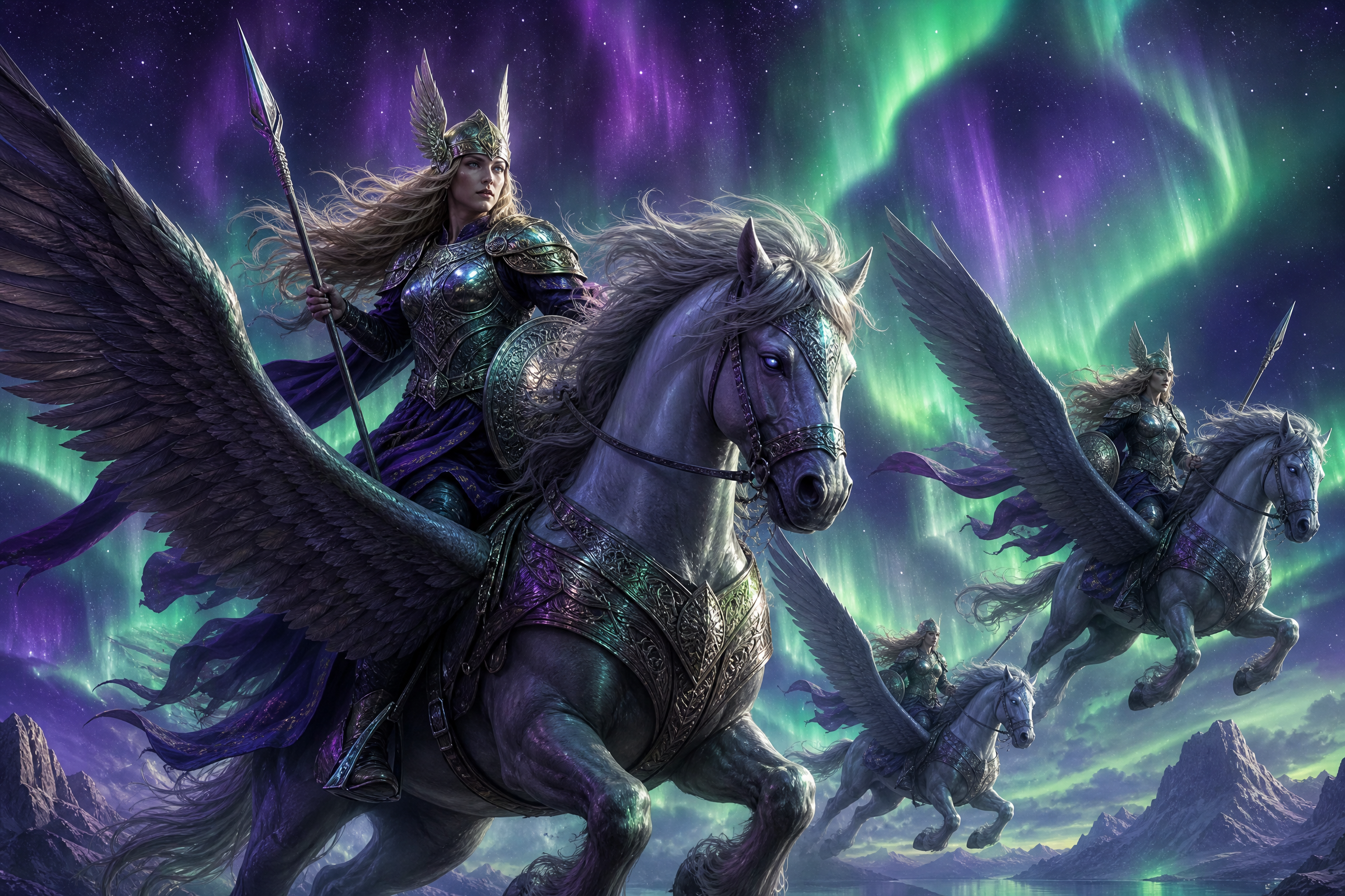 北欧神话‌中瓦尔基里骑马穿越极光夜空的艺术画